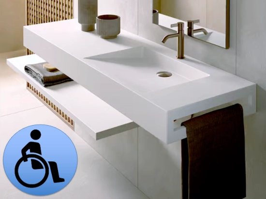 Plan vasque lavabo PMR, adaptée aux personnes à mobilité réduite, L. 80 à 200 cm x P. 46 à 80 cm, résine composite de haute qualité, Finition lisse blanc, Livraison Offerte.